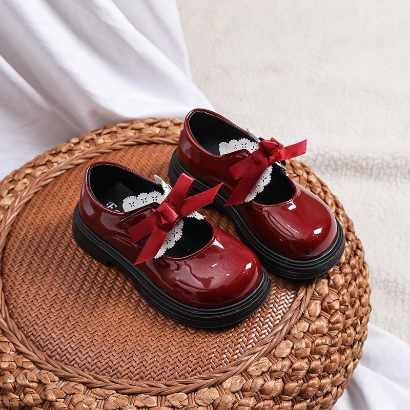 کفش عروسکی ورنی پاپیون گیپوری رنگ زرشکی کد 21809