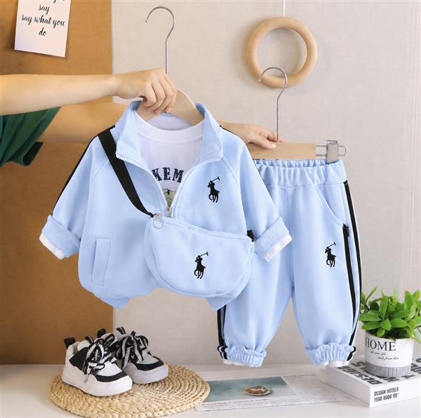 ست چهار تیکه سویشرت و بلوز  و شلوار کیف طرح horse رنگ آبی کد 22099