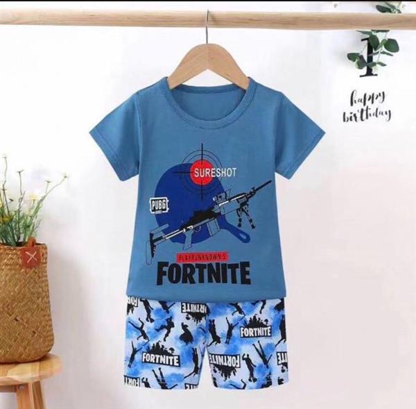 ست نخی تیشرت و شلوارک ابی طرح FORTNITE سایز کوچک کد 12303