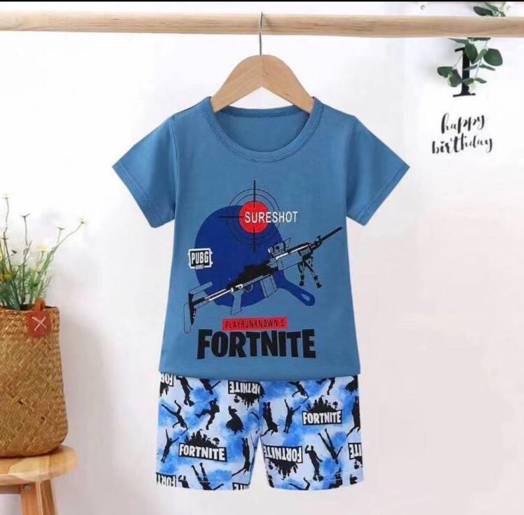ست نخی تیشرت و شلوارک ابی طرح FORTNITE سایز کوچک کد 12303