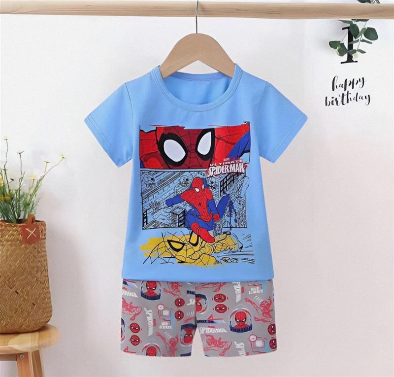 ست نخی تیشرت ابی و شلوارک طوسی طرح SPIDERMAN سایز کوچک کد 12318