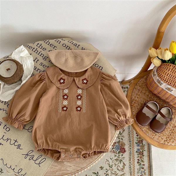 بادی استین بلند نخی طرح گل رنگ نسکافه ای کد 15692