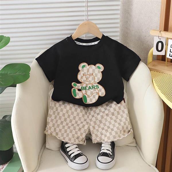 ست تیشرت خرسی مشکی با شلوارک گوچی کرم کد 15916