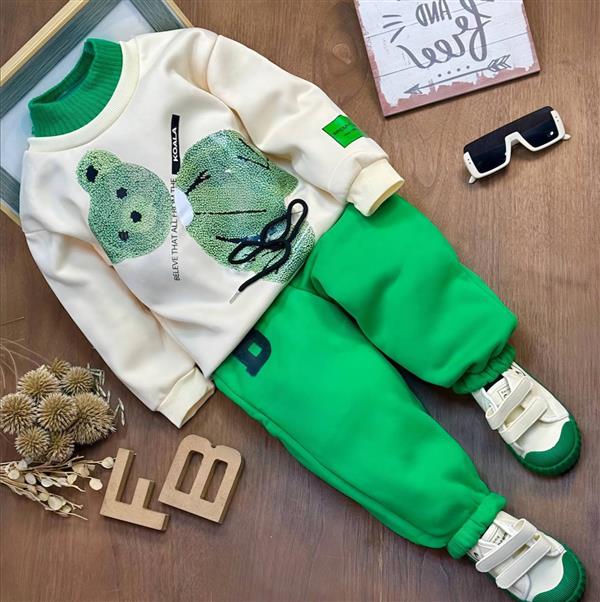 ست دورس شیری خرس سبز بند برجسته با شلوار اسلش گت دار سبز کد 16026