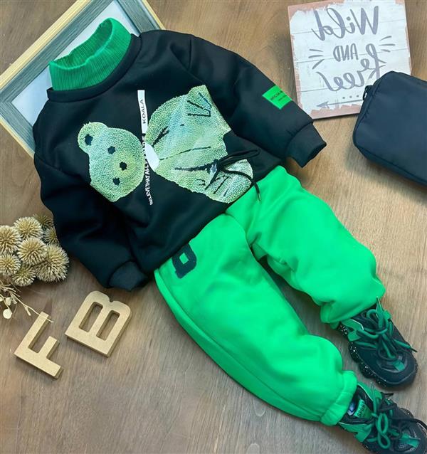 ست دورس مشکی خرس سبز بند برجسته با شلوار اسلش گت دار سبز کد 16027