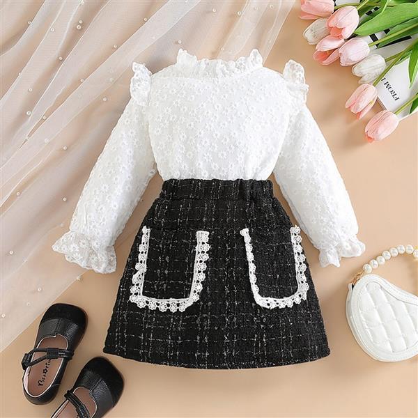 ست بلوز استین بلند عروسکی خامه دوزی سفید و دامن شنل بافت مشکی کد 16417