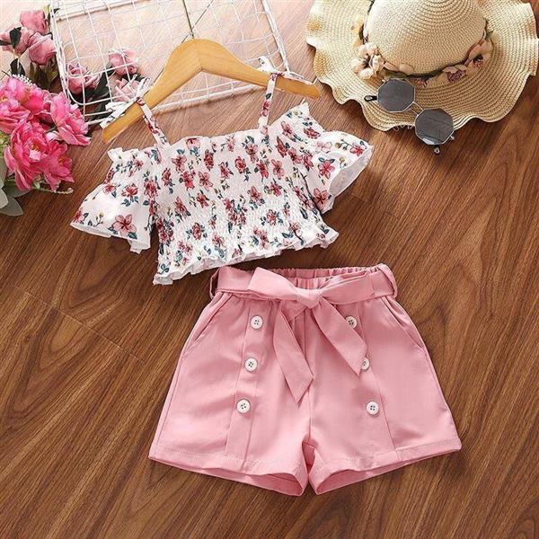 ست تاپ کشی یقه قایقی گلدار با شلوارک و کمربند صورتی کد 16427