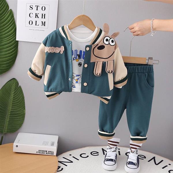 ست سه تیکه بلوز نخی سفید و سویشرت و شلوار طرح هاپو رنگ سبز  کد 17422