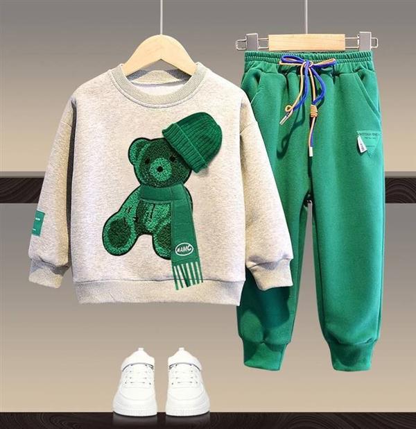 ست دورس طوسی خرس گوگولی کلاه برجسته با شلوار اسلش سبز کد 17580