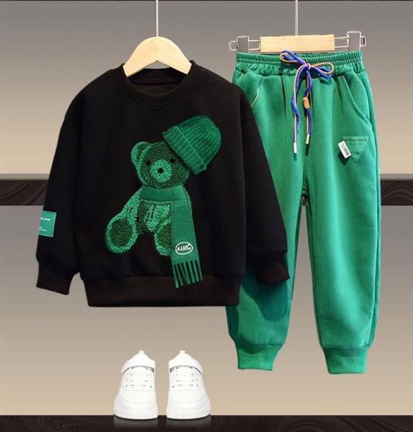 ست دورس مشکی خرس گوگولی کلاه برجسته با شلوار اسلش سبز کد 17581