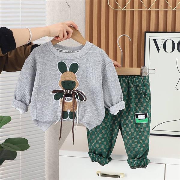 ست دورس طوسی و شلوار سبز گت دار طرح خرگوش بند برجسته کد 18031