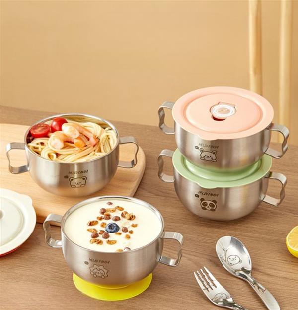ست ظرف غذا استیل دسته دار با در لاکی و قاشق و چنگال استیل و زیر چسبی ژله ای کد 18220