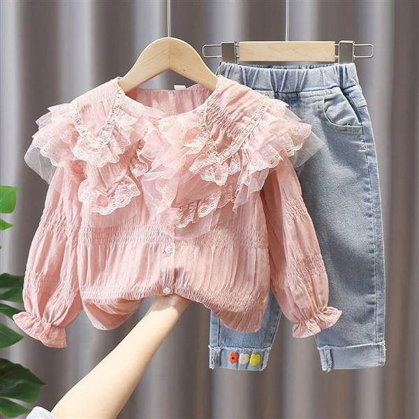 ست شومیز عروسکی صورتی با شلوار جین ابی پاکتی سه گل کد 18286