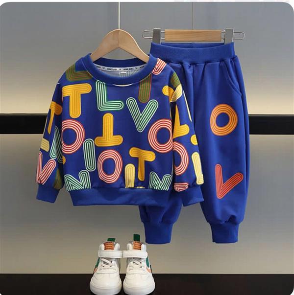 ست دورس حروف انگلیسی رنگی با شلوار اسلش رنگ  ابی کاربنی کد 18302