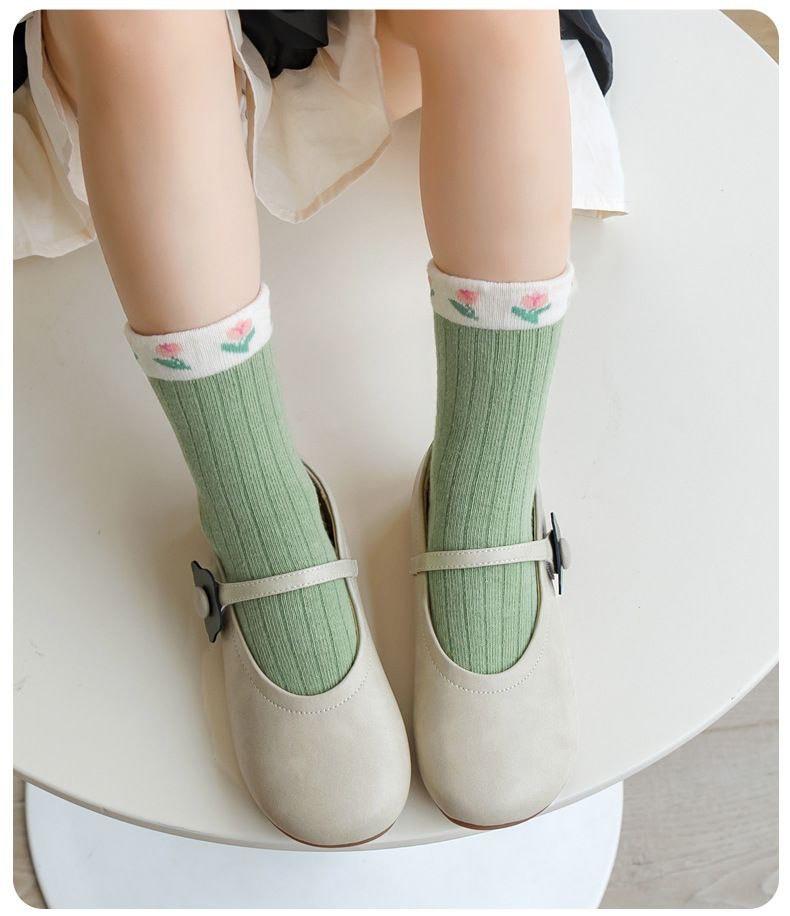 پک پنج عددی جوراب طرح  گل لاله کرم و  سبز کد 18651