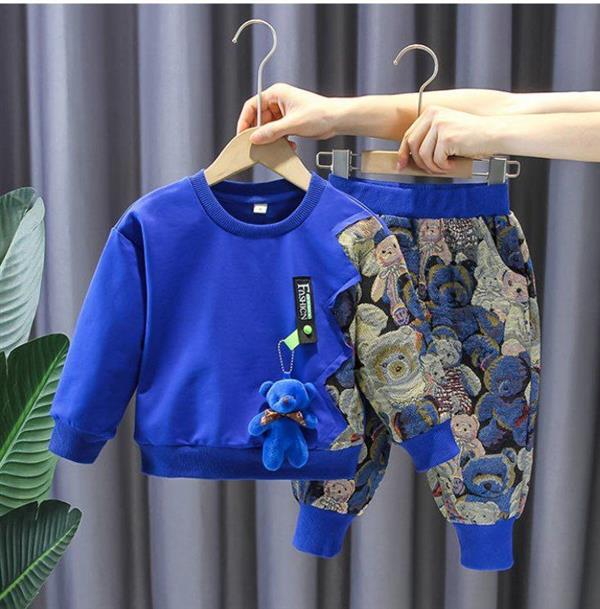 ست دورس ابی و شلوار کتان خرسی گت دار با عروسک خرس ابی کد 18701