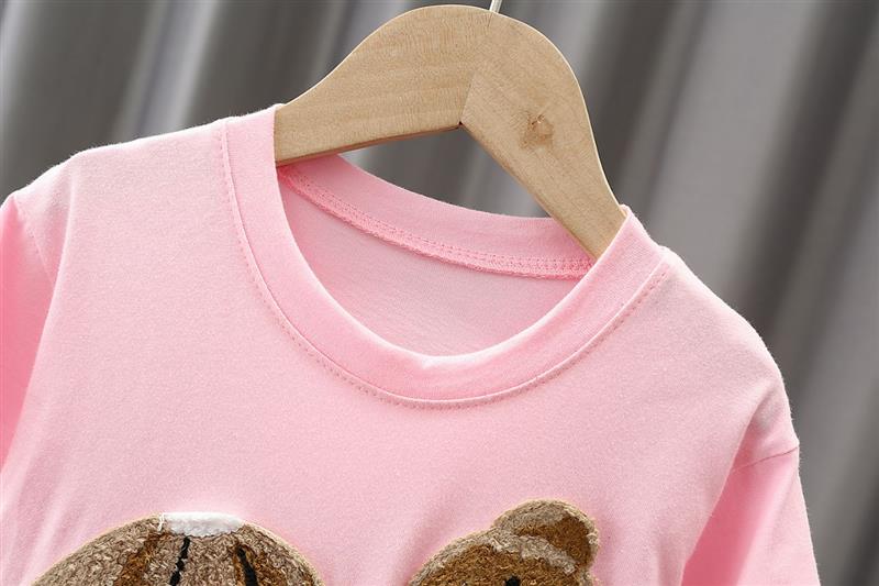 ست تیشرت و شلوارک خرس پشمی برجسته صورتی کد 19183