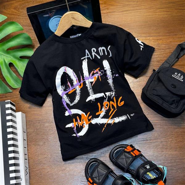 تیشرت فشن مشکی رنگپاش سفید و نارنجی کد 19254