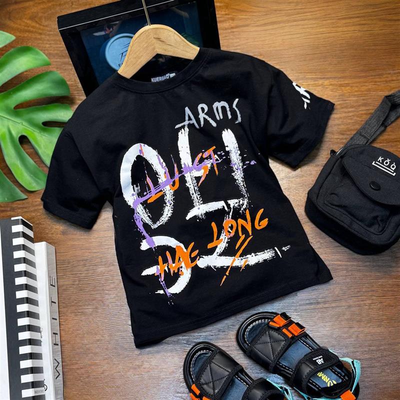 تیشرت فشن مشکی رنگپاش سفید و نارنجی کد 19254