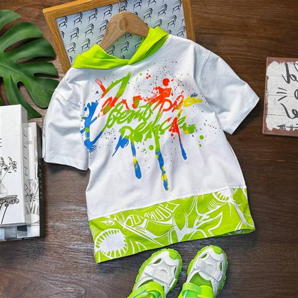 تیشرت فشن کلاهدار رنگپاش رنگ سفید و فسفری کد 19257