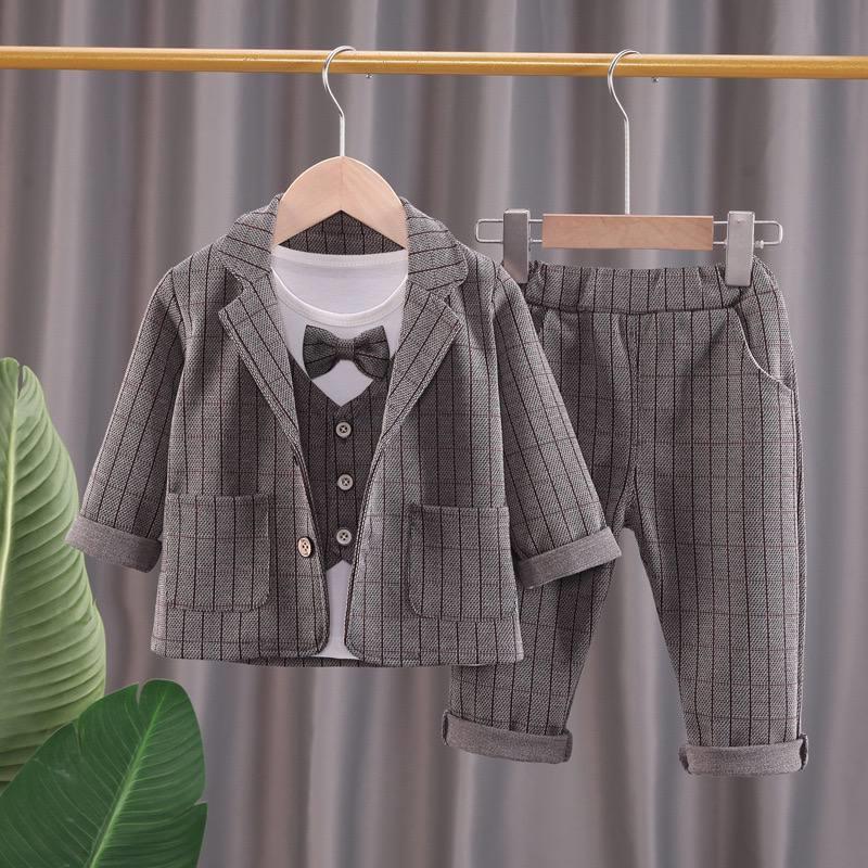 ست مجلسی بلوز پاپیون دار و کت و شلوار خطی قهوه ای کد 19263