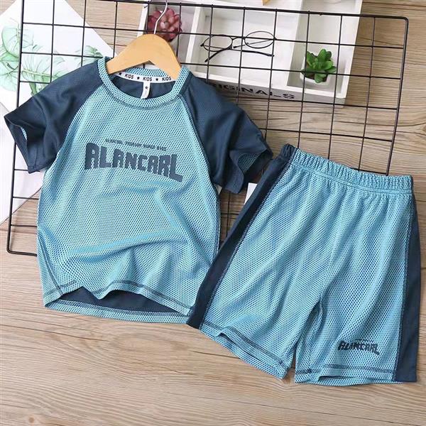 ست تیشرت و  شلوارک ورزشی سوزنی RACYKIDS رنگ ابی کد 19280