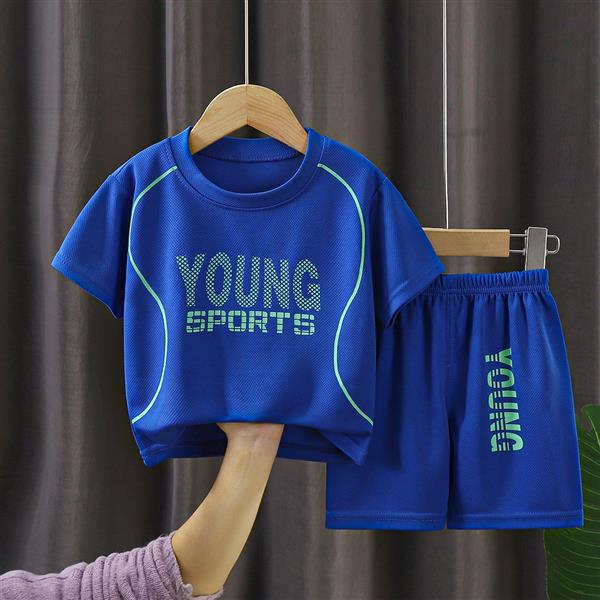 ست تیشرت و  شلوارک ورزشی سوزنی YOUNG SPORTS رنگ ابی کاربنی  کد 19282