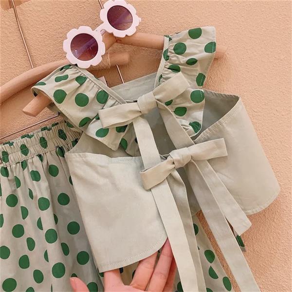 ست تاپ و شلوار نخی توپ توپی سبز کد 19365