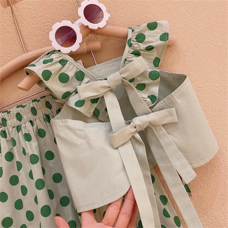 ست تاپ و شلوار نخی توپ توپی سبز کد 19365