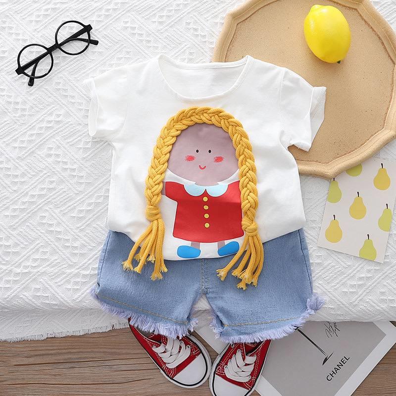 ست تیشرت سفید دختر گیس برجسته و شلوارک جین کد 19400