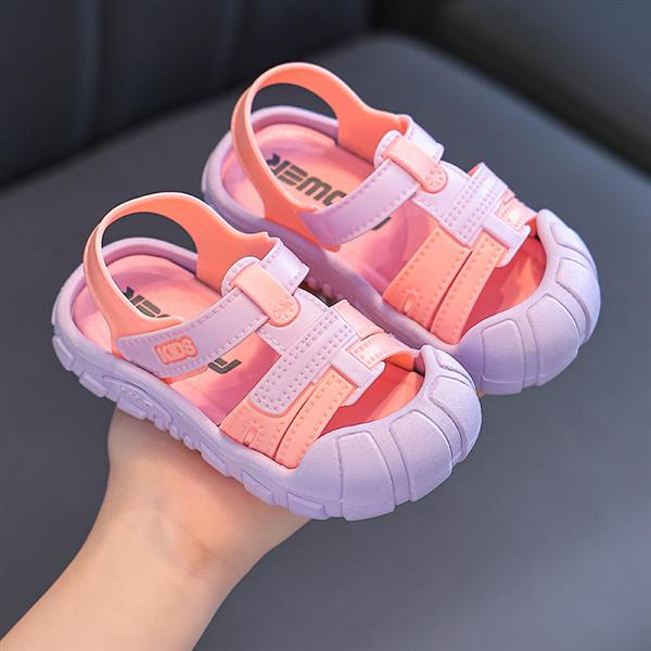 صندل چرم SPORT بند چسبی طرح KIDS رنگ یاسی و گلبهی کد 19507