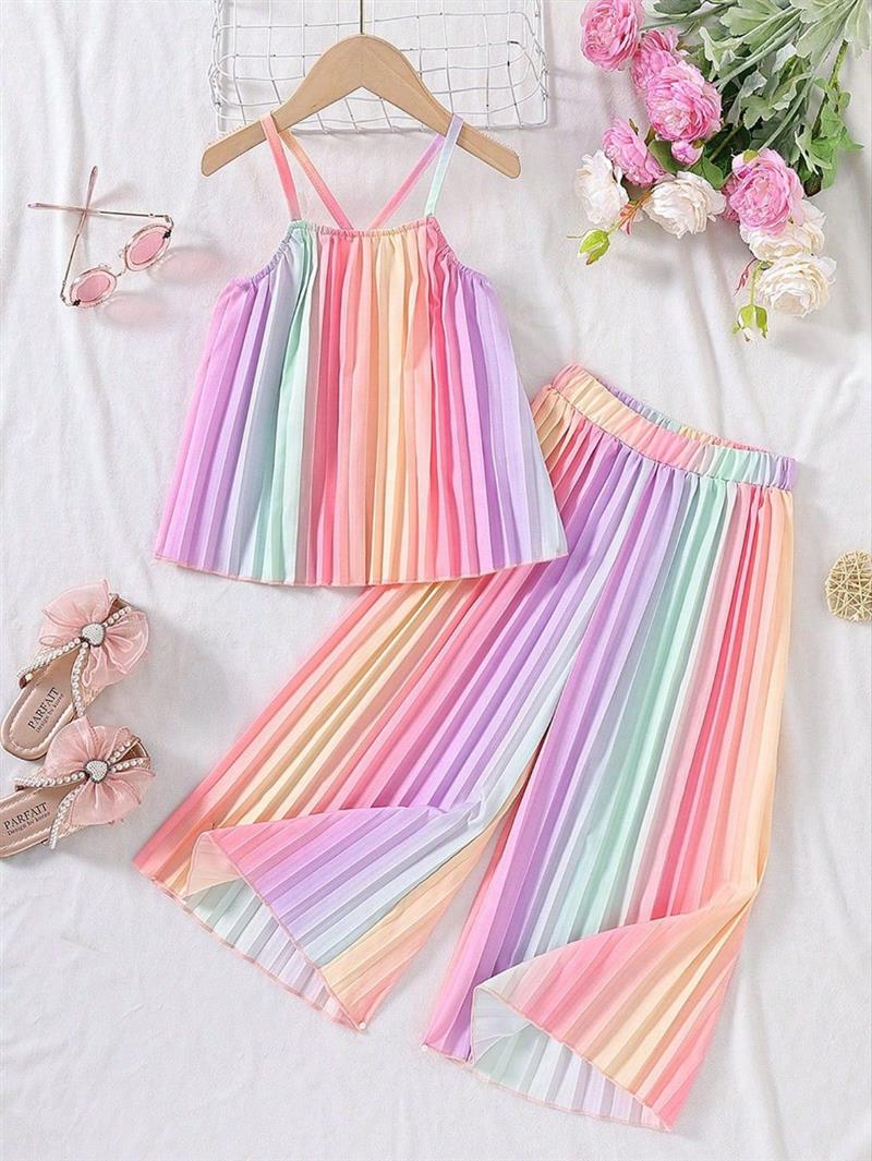 تاپ و شلوار پلیسه رنگارنگ  یاسی صورتی کد 19660