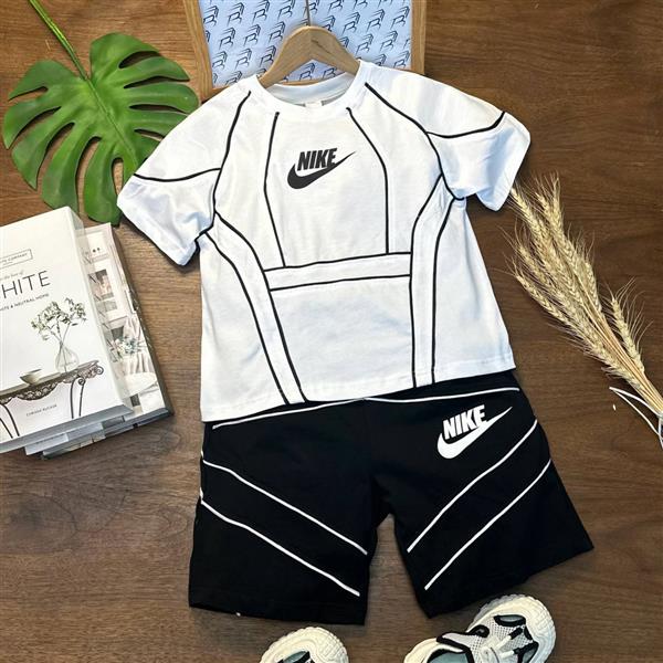 ست تیشرت سفید طرح NIKE با شلوارک اسلش مشکی کد 19816