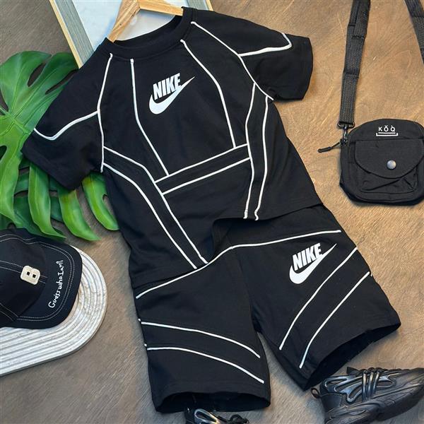 ست تیشرت مشکی طرح NIKE با شلوارک اسلش مشکی کد 19817