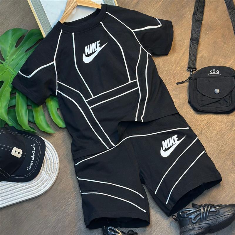 ست تیشرت مشکی طرح NIKE با شلوارک اسلش مشکی کد 19817