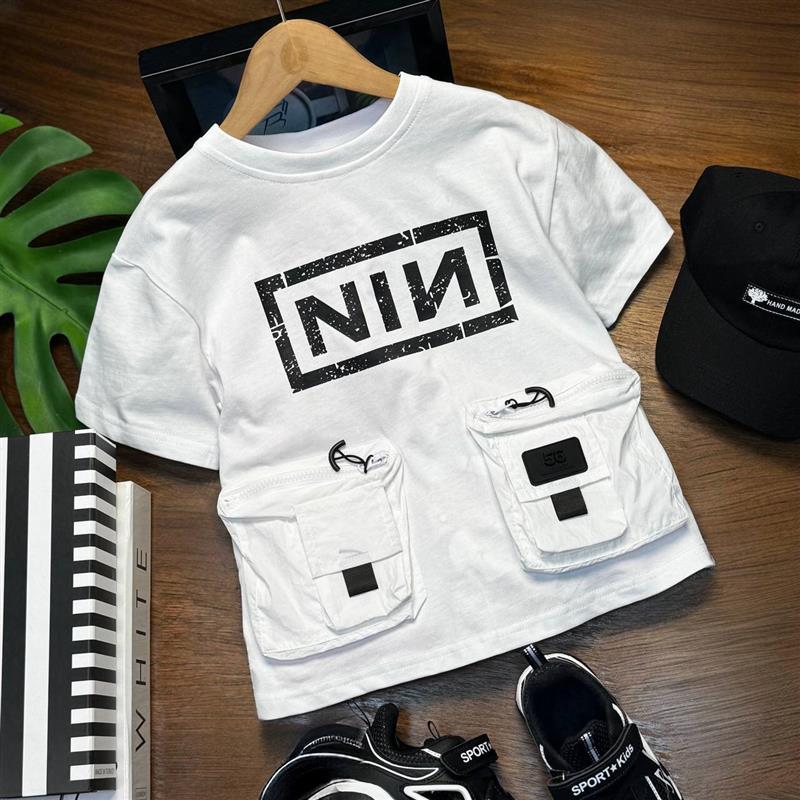 تیشرت فشن جیب برجسته طرح NIN رنگ سفید  کد 19823