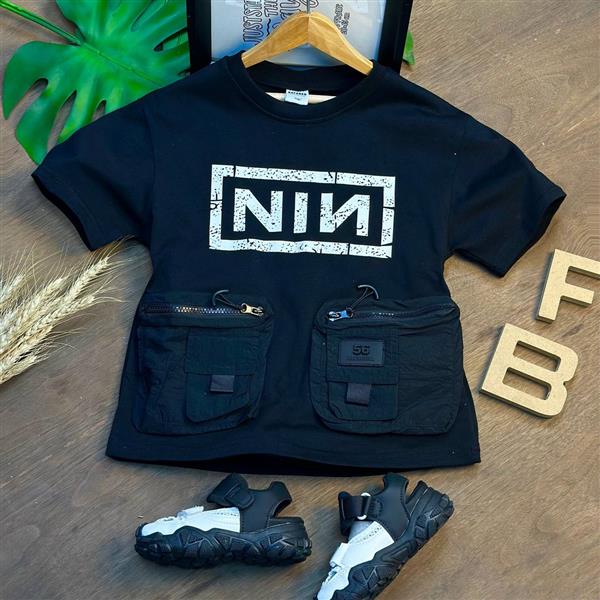 تیشرت فشن جیب برجسته طرح NIN رنگ مشکی کد 19824