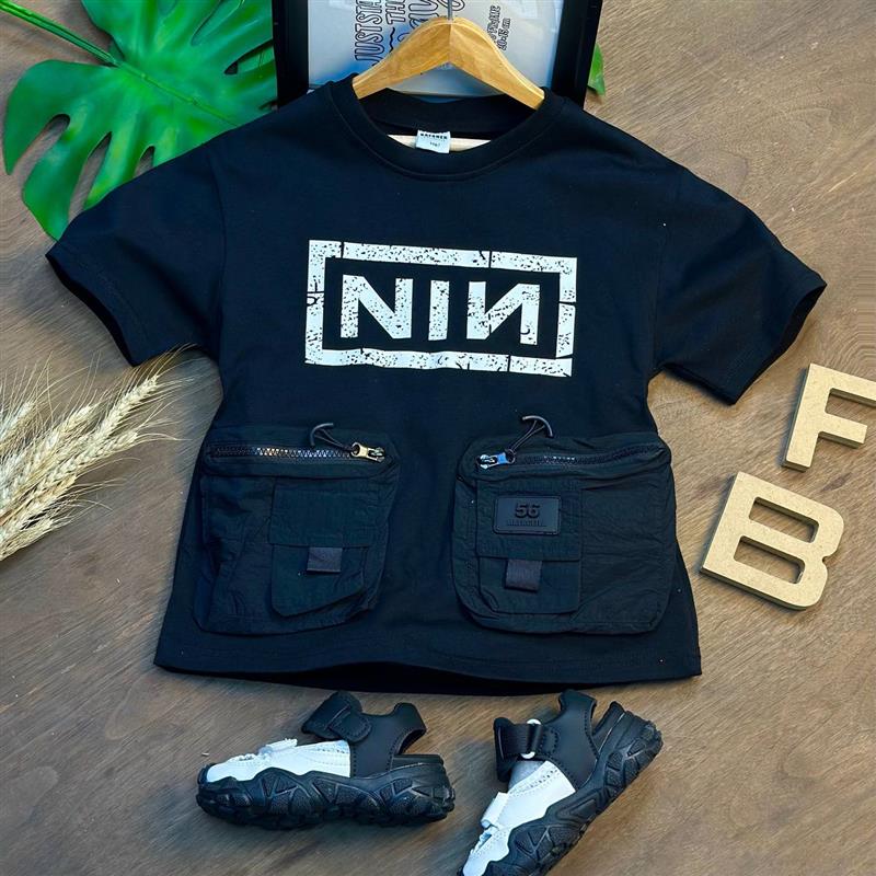 تیشرت فشن جیب برجسته طرح NIN رنگ مشکی کد 19824