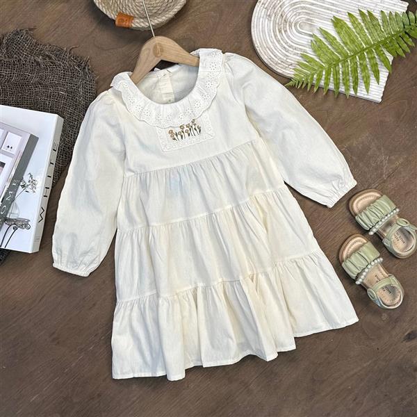 پیراهن استین بلند نخی یقه خامه دوزی چین چین گلدوزی لاله کد 19858