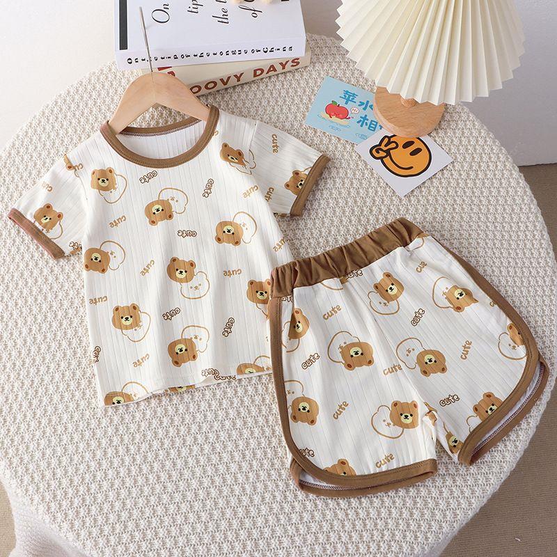 ست راحتی تیشرت و شورتک نخ پنبه طرح خرسی سفید و قهوه ای کد 20215