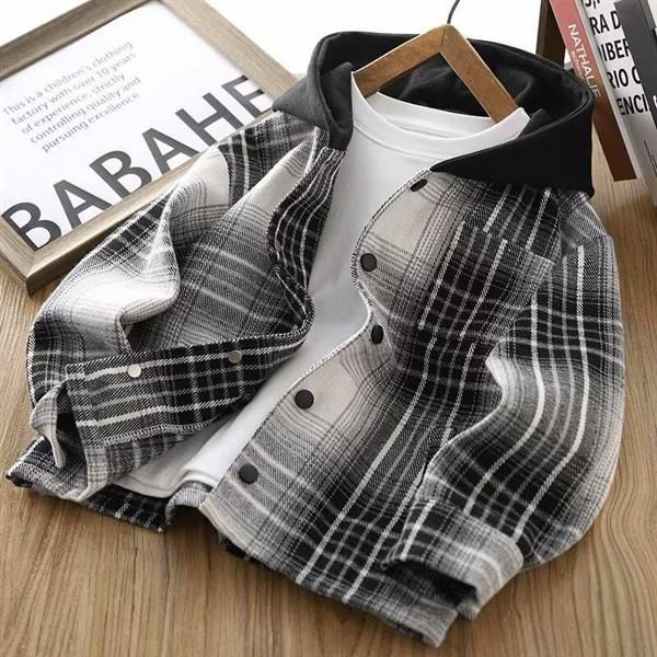 شومیز چهارخونه ضخیم مشکی و طوسی با کلاه اسلشی مشکی کد 20363
