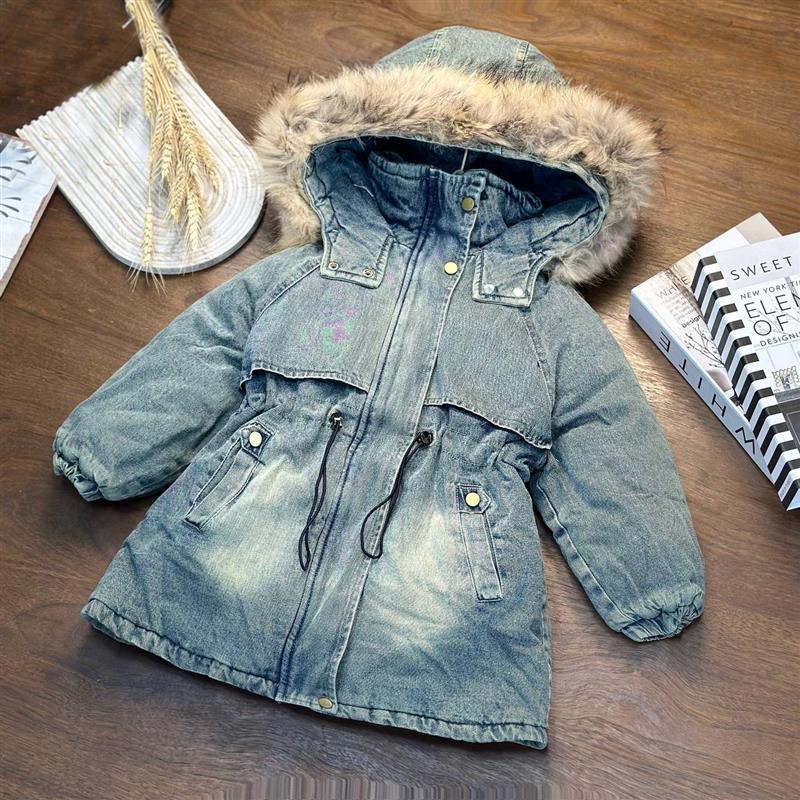 کاپشن جین بلند ابی  داخل خز کلاه خزدار کد 20393