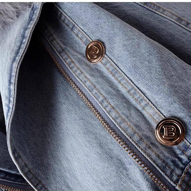 کاپشن جین فشن ابی پررنگ با خز طوسی و استر کتی جداشونده طوسی کد 20428