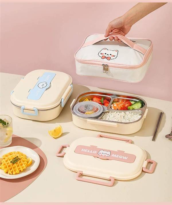 ست ساک و ظرف غذا داخل استیل چهارقسمتی و پیاله و قاشق و چاپستیک طرح HELLO  کد 20476