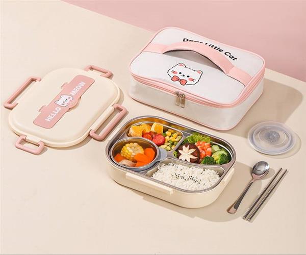 ست ساک و ظرف غذا داخل استیل چهارقسمتی و پیاله و قاشق و چاپستیک طرح HELLO  کد 20476
