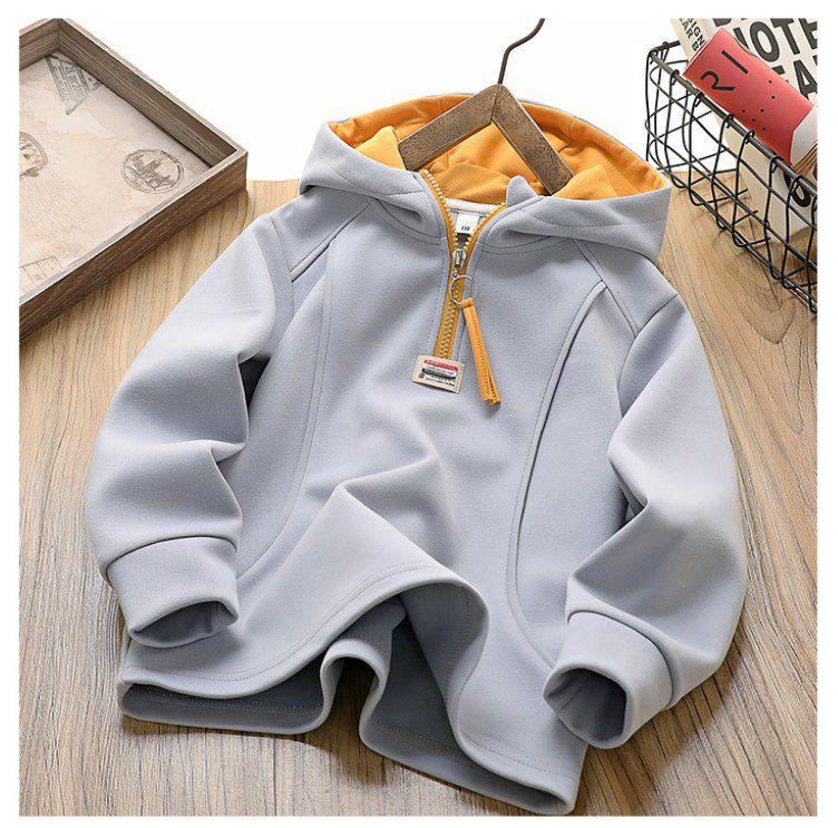 هودی فشن نیم زیپ half circle رنگ طوسی کمرنگ با استر نارنجی کد 20605