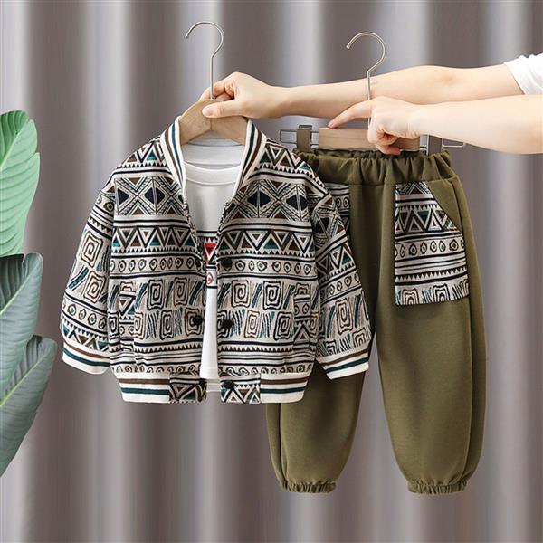 ست سه تیکه بلوز نخی سفید و سویشرت کرم و شلوار اسلش زیتونی  طرح بته جقه کد 20609