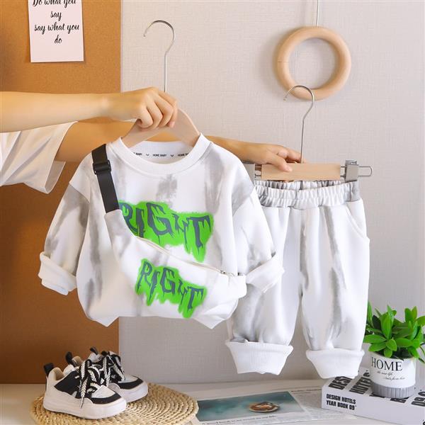 ست دورس و شلوار و کیف سفید طوسی با نوشته رنگ سبز کد 20664