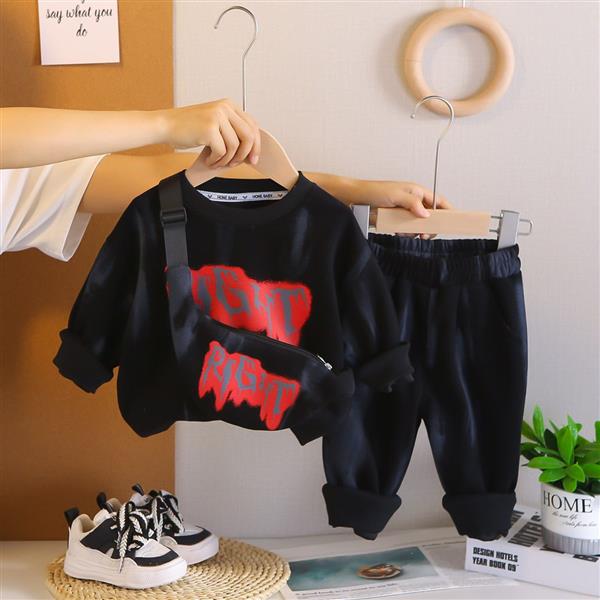 ست دورس و شلوار و کیف مشکی طوسی با نوشته رنگ قرمز کد 20665