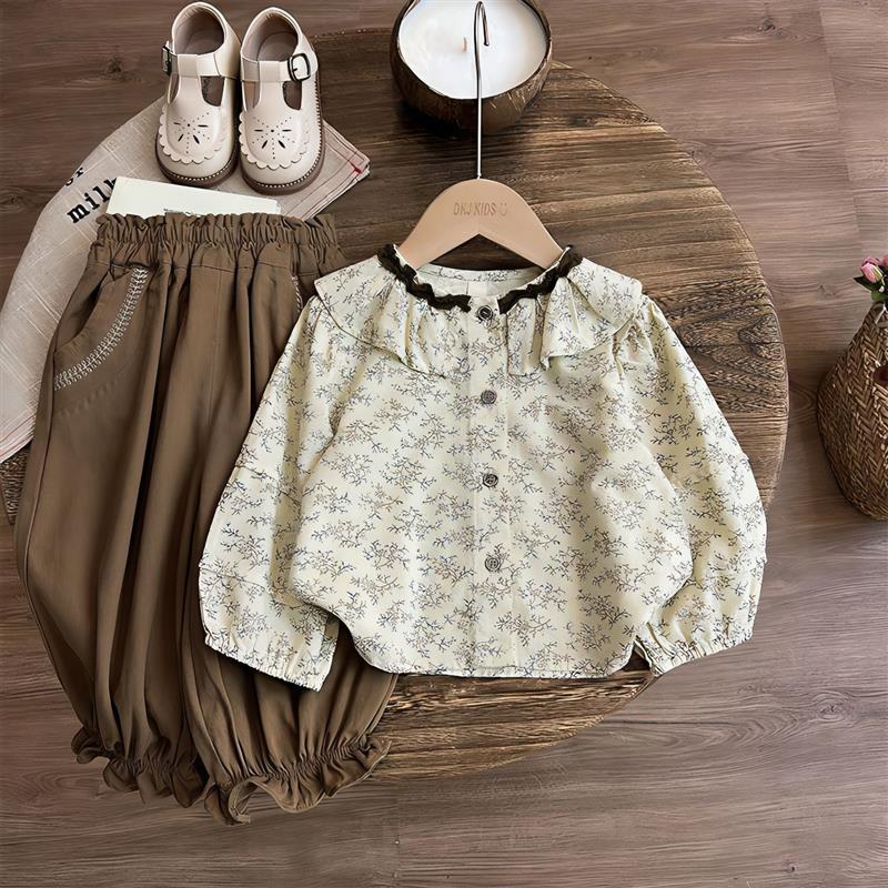 ست عروسکی شومیز نخی گلدار کرم با شلوار کتان گت دار قهوه ای کد 20733